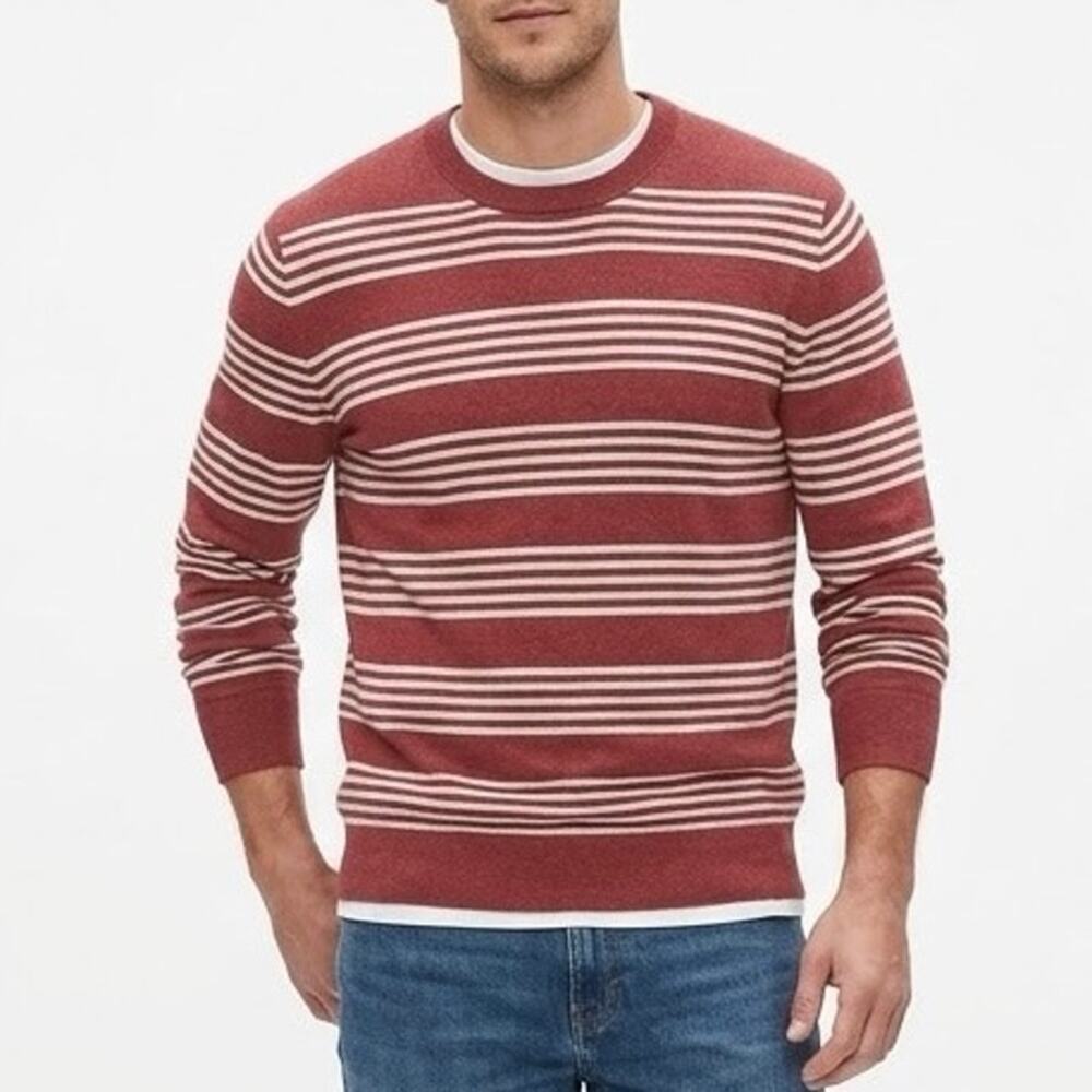 Gap Mainstay Crew Sweater Barn Red Striped 100 Cotton Knit Pullover NWOT Size L